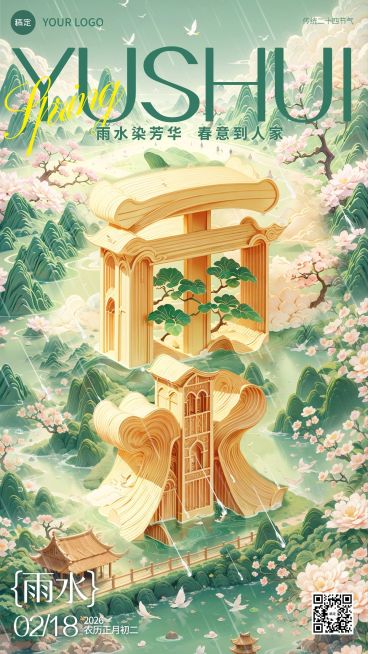 雨水节气祝福大字国潮风手机海报预览效果