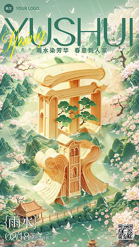 雨水节气祝福大字国潮风手机海报