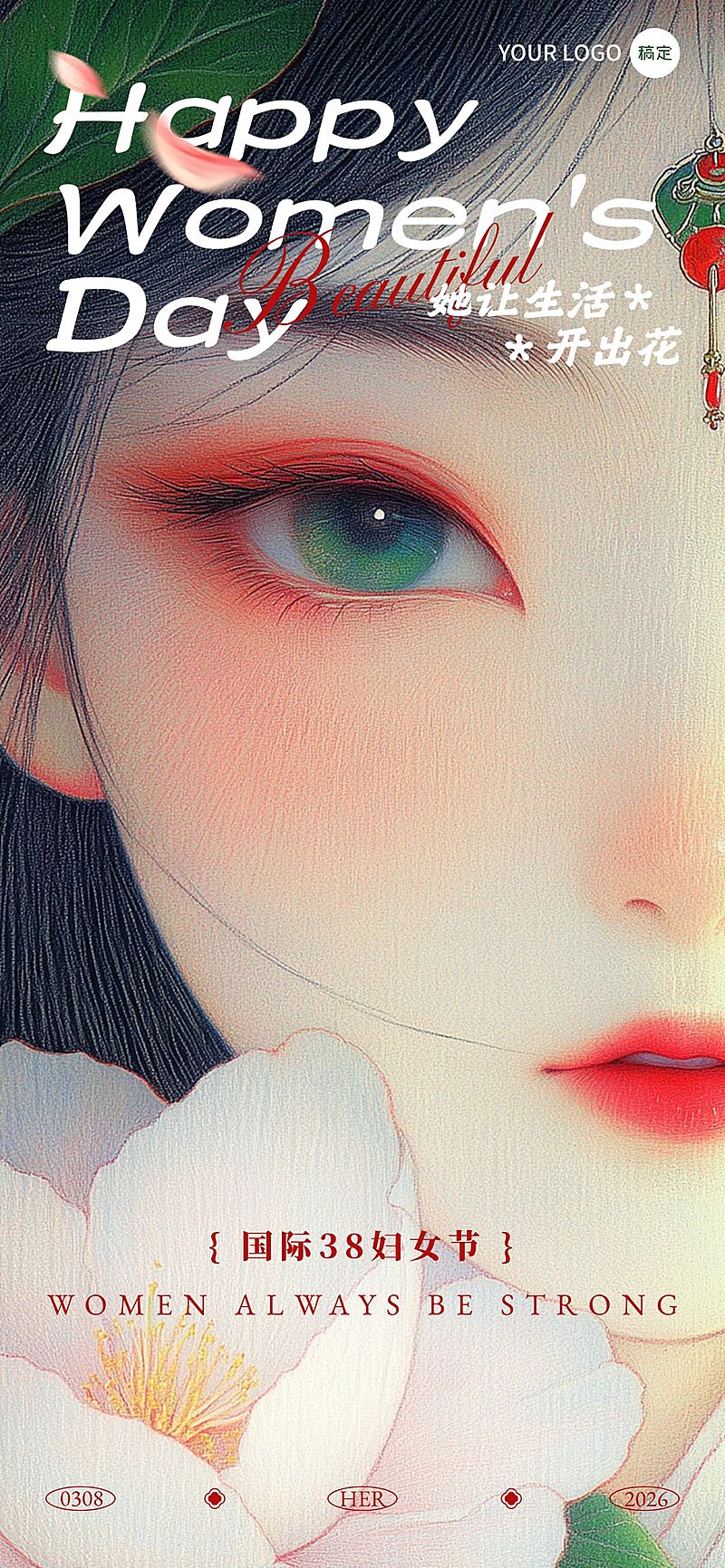 三八妇女节节日祝福中式感全屏竖版海报AIGC