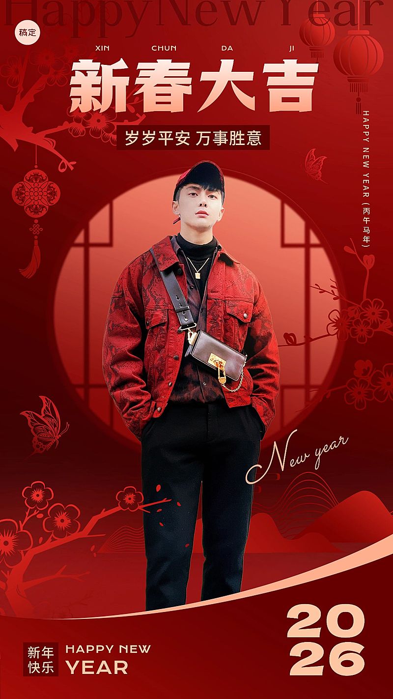 新春大吉春节节日晒照红色剪纸风竖版海报