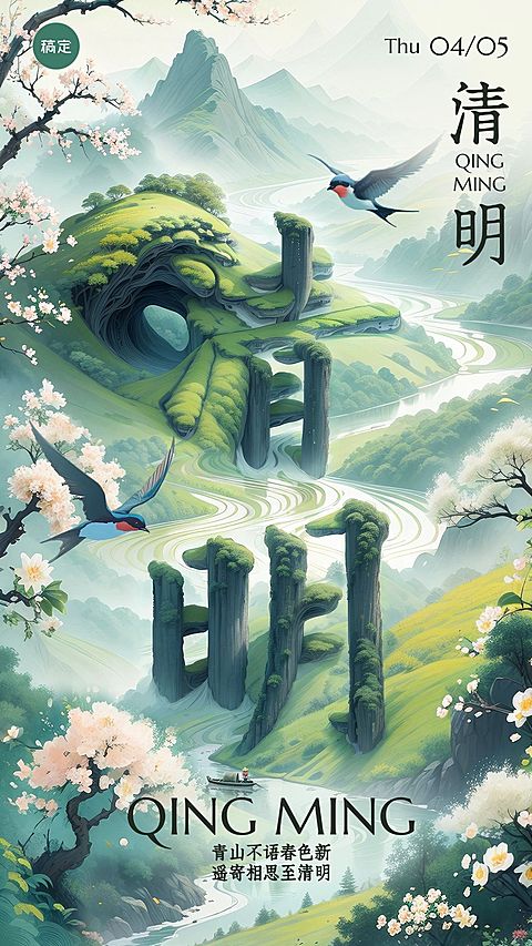 清明节节日祝福插画手机海报AIGC