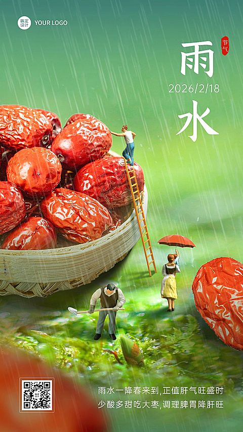 干货特产雨水节气微缩风创意手机海报