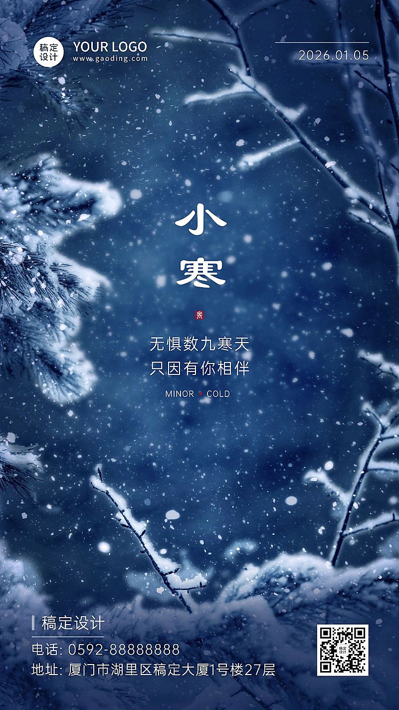 小寒节气祝福冬日冰霜雪花手机海报