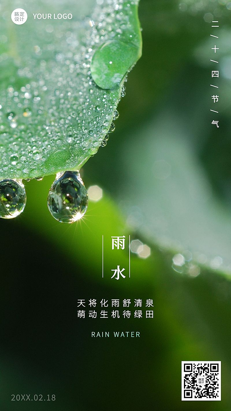 雨水节气清新实景手机海报