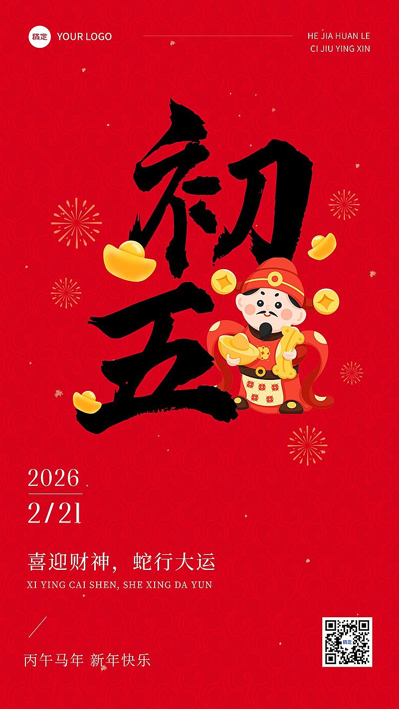 春节正月初五拜年祝福套系手机海报