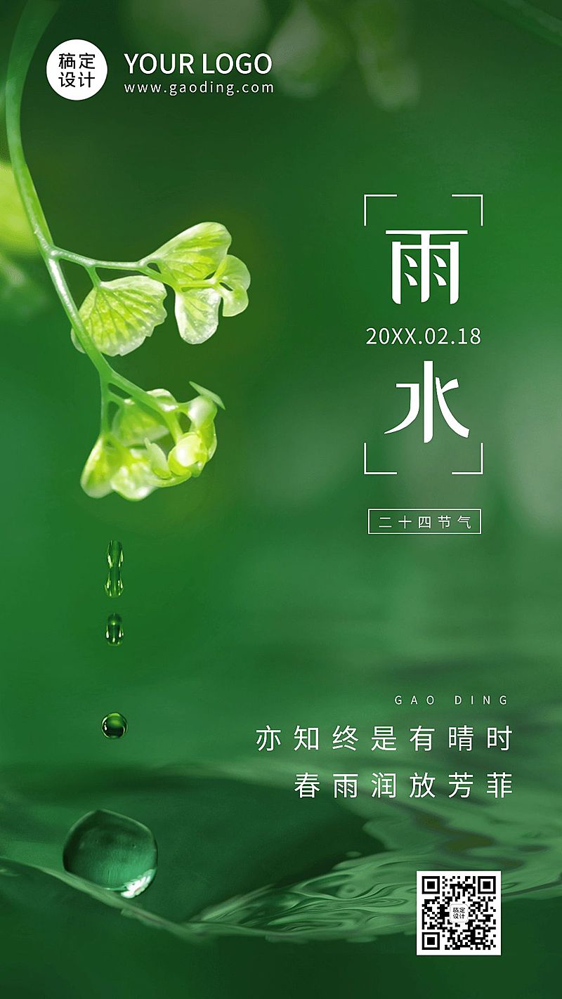 雨水节气简约实景手机海报