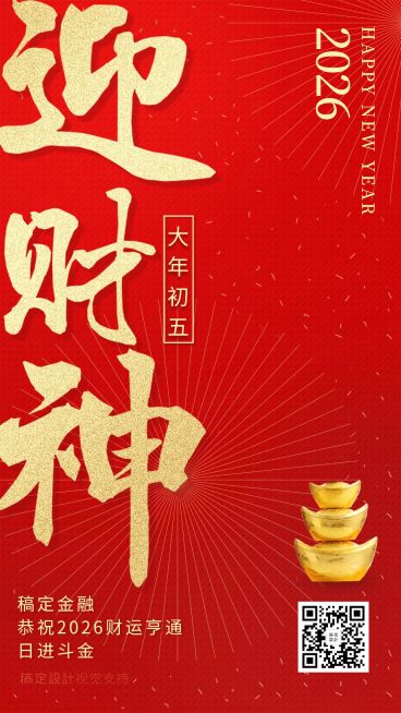 金融保险春节祝福大年初五迎财神手机海报预览效果