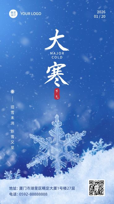 大寒节气雪花特写冬日祝福手机海报预览效果
