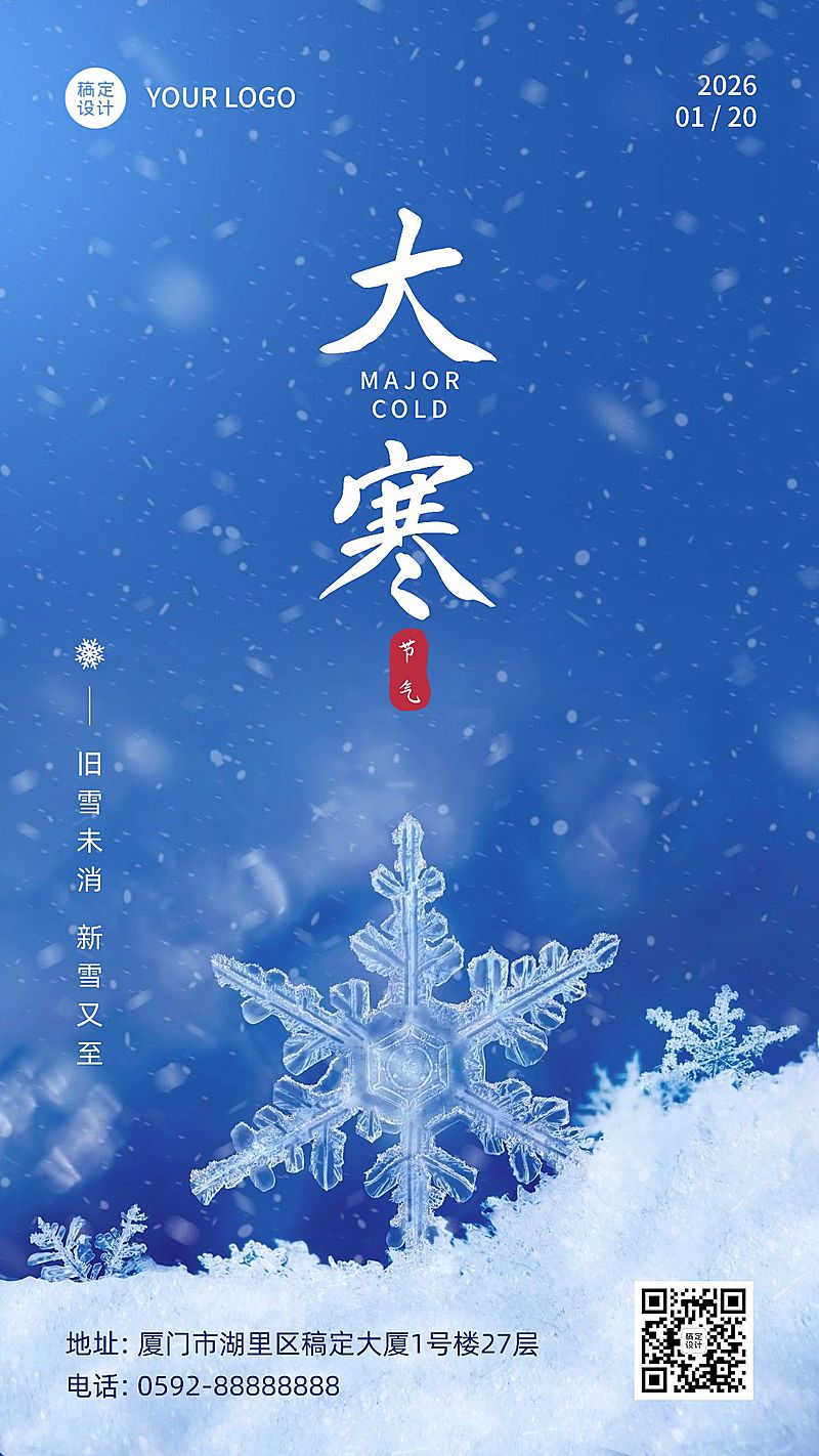 大寒节气雪花特写冬日祝福手机海报