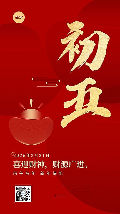 春节新年祝福正月初五喜庆大字套系手机海报