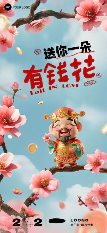 企业财神节情人节双节祝福文字创意全屏竖版海报AIGC预览效果