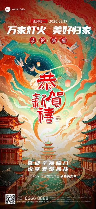 春节房地产节日祝福问候国潮风全屏竖版海报AIGC预览效果