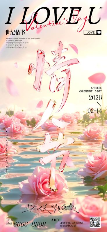 情人节节日祝福唯美浪漫玻璃风全屏竖版海报AIGC预览效果