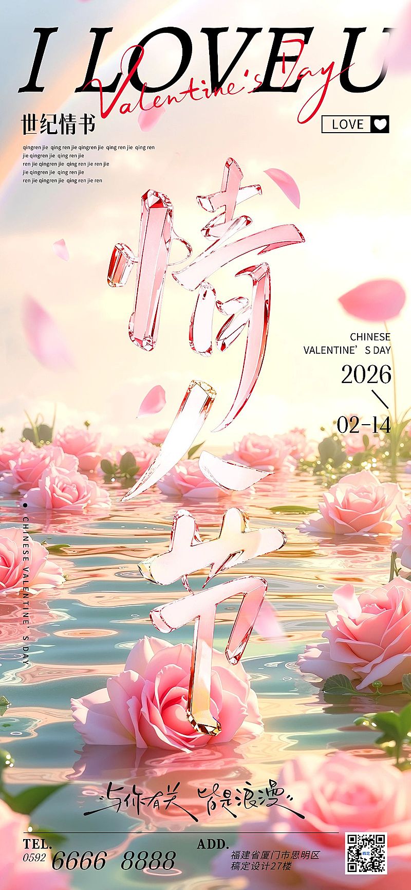 情人节节日祝福唯美浪漫玻璃风全屏竖版海报AIGC