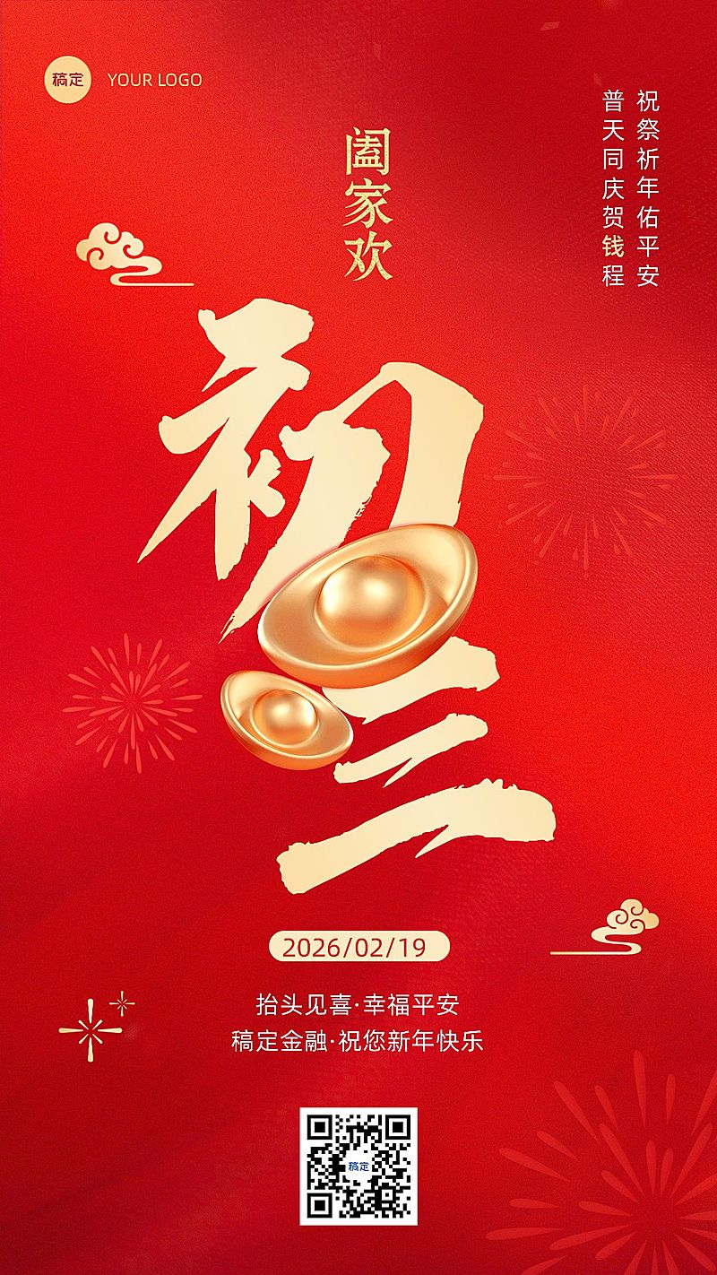 春节正月初三金融保险节日祝福喜庆大字手机海报套系