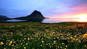 冰岛奇妙的日落，一座陡峭的山和粉红色的天空构成了一幅令人难以置信的画面