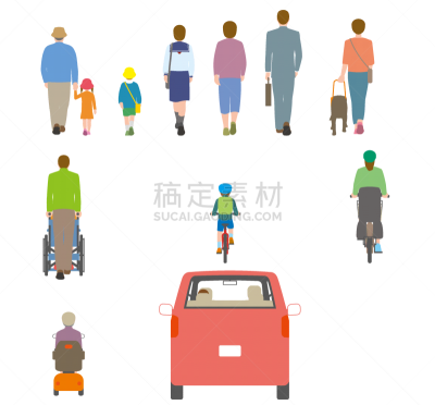 背面视角,绘画插图,人,摄像机拍摄角度,骑自行车,老年男人,仅日本人,汽车,交通,狗