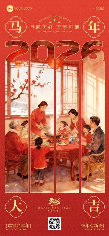 元旦节日祝福中式感喜庆感全屏竖版海报预览效果