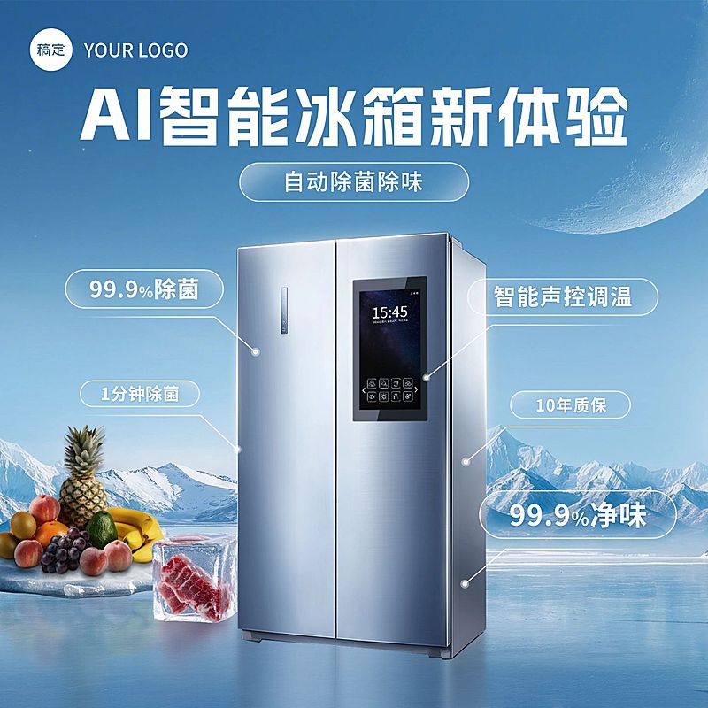 冰川背景AI智能冰箱家电数码商品主图AIGC