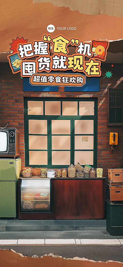 复古风便利店零食囤货直播间绿幕背景AIGC