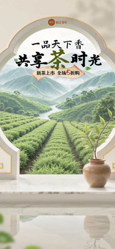 茶叶茶园新中式拱门竖版直播背景AIGC预览效果