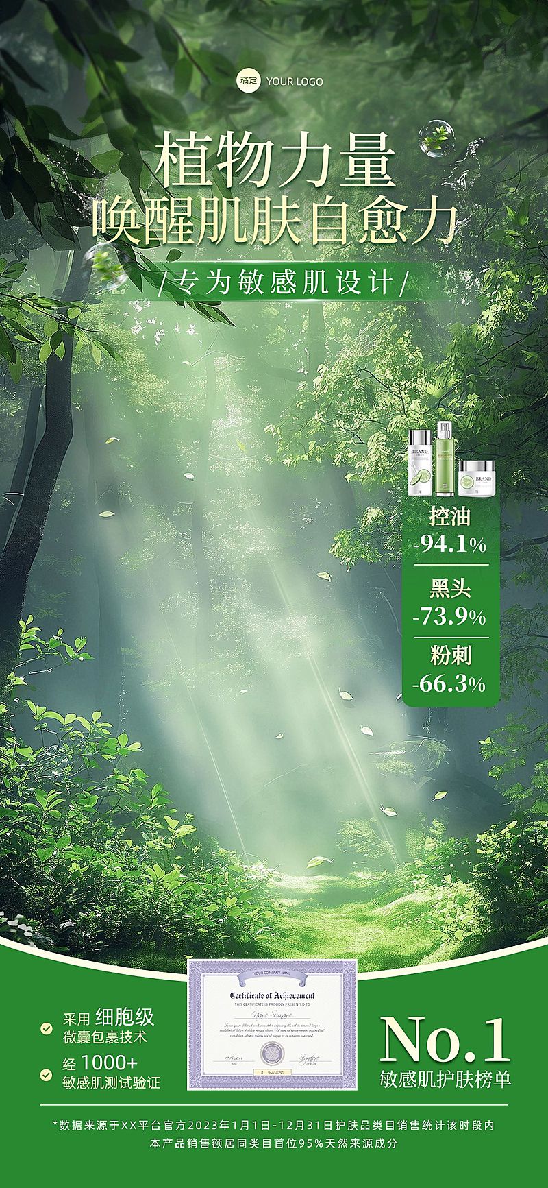 绿色清新感美妆护肤品直播间背景贴片组合AIGC