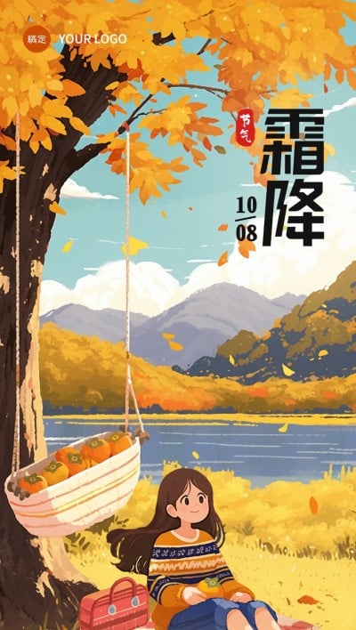 寒露节气秋天插画全屏竖版海报AIGC