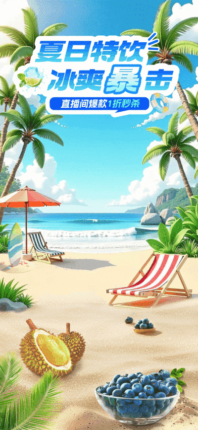 海边沙滩夏季氛围动态直播背景aigc