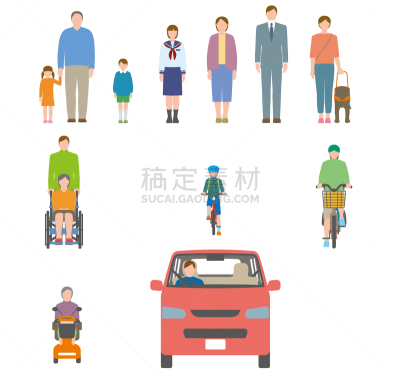 绘画插图,人,正面视角,摄像机拍摄角度,骑自行车,老年男人,仅日本人,汽车,交通,顶部