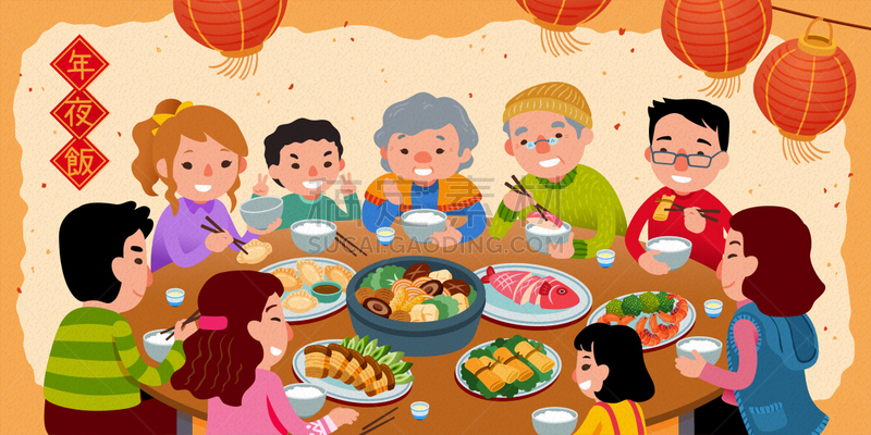 晚餐,家庭,全家福,传统,灯笼,春节,中国灯笼,膳食,新年前夕,米色背景