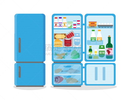 冰箱,食品,充满的,关闭的,开着的,矢量,蓝色,清新,牛奶,鸡蛋