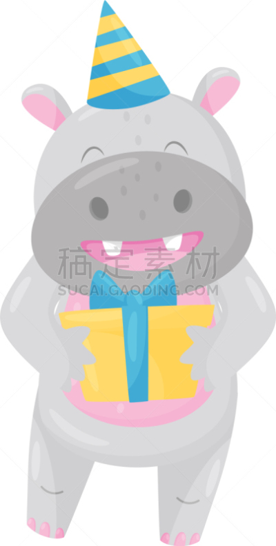 可爱的,河马,GIF动图,派对帽,玩具,野生动物,哺乳纲,小的,站,问候