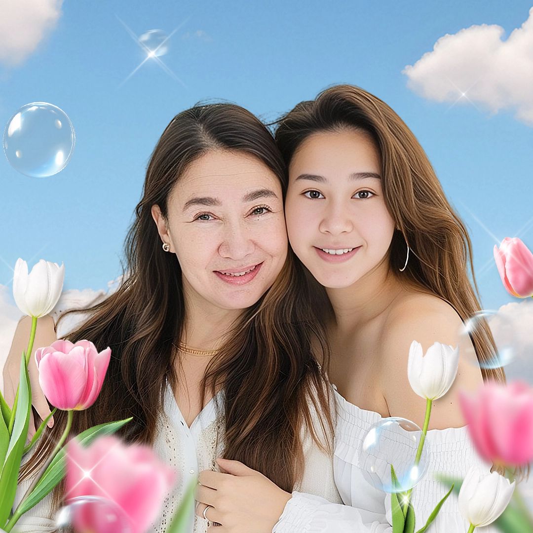 Mother's Day Pink and White Tulips with Bubbles Blue Sky Background Mother and Daughter Instagram Post Image