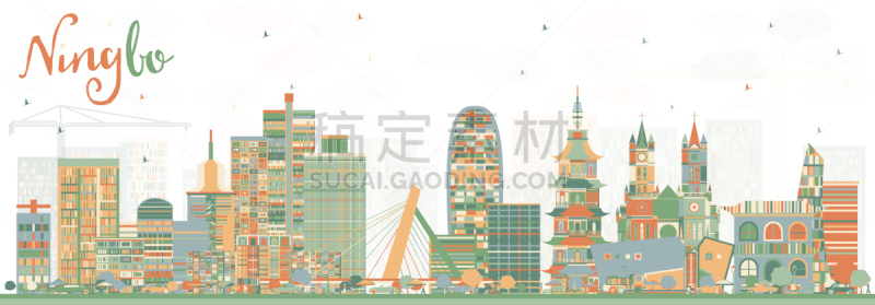 宁波市,城市天际线,彩色图片,建筑外部,旅途,商务,云,鸟类,写实