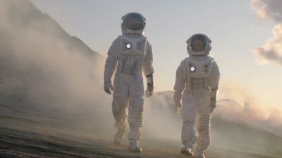 两名穿着太空服的宇航员自信地走在外星人星球上，探索星球表面覆盖着岩石、气体和烟雾的探险。人类克服困难。