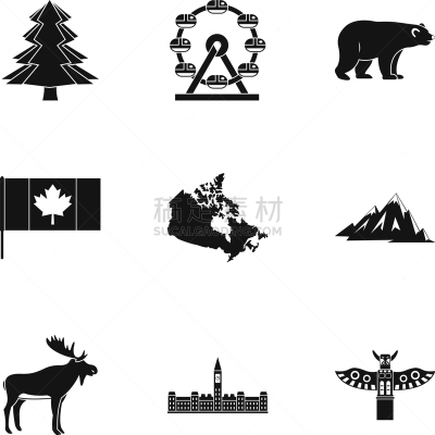 加拿大,极简构图,国际著名景点,图标集,分离着色,数字9,房屋,驼鹿,瓶子,收集