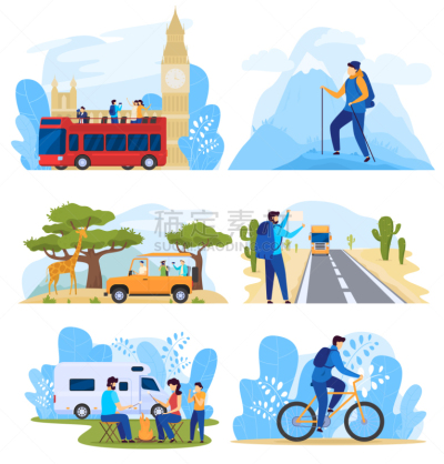绘画插图,人,矢量,街道,旅游目的地,反差,动作,巴士,旅途,家庭