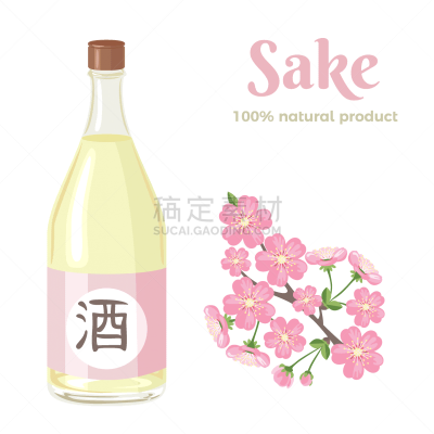 含酒精饮料,中国米酒,瓶子,绘画插图,卡通,日本,扁平化设计,粉色,日本青酒,花朵