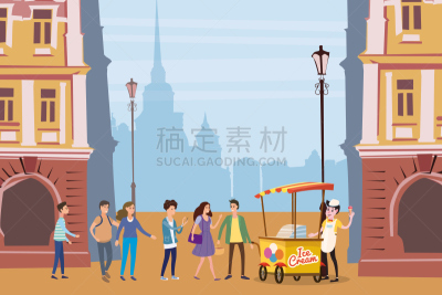 冰淇淋,矢量,绘画插图,卡通,城市,女性,时尚,青少年,推车,构图