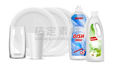 杯,洗餐具,瓶子,白色,液体,盘子,矢量,玻璃,包装,写实