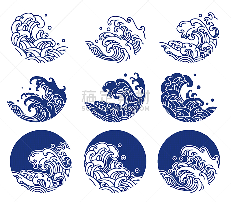 日本,波浪,品牌名称,水,线条,线条画,圆形,轮廓,蓝色,瓷器