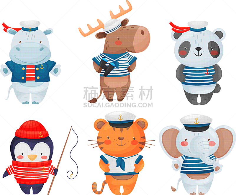 funny animals sailors wearing striped vest and