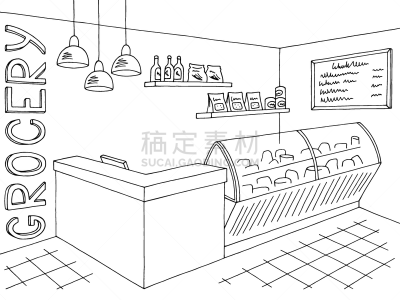 食品杂货,草图,绘画插图,白色,商店,矢量,黑色,插画,商业内部,商务