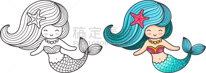 可爱的,美人鱼,动画片,秘密,荧光色,自然美,动物,头发,童话故事,绘制