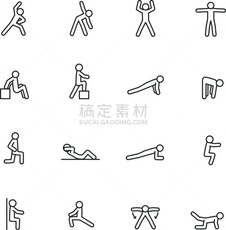 动物出击,图标集,锻炼,人类肌肉,线条,直的,多样,平板支撑,运动,背景分离