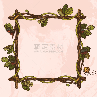 枝,叶子,橡树,正方形,边框,华丽的,绳子,柳条,梦符咒,复古