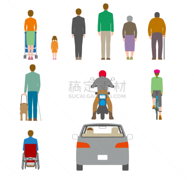 背面视角,绘画插图,骑自行车,人,摄像机拍摄角度,老年男人,仅日本人,汽车,交通,狗