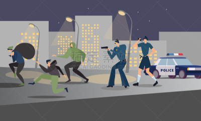 警官,市区路,盗贼,夜晚,汽车,多样,背景,车站,绘画插图,卡通