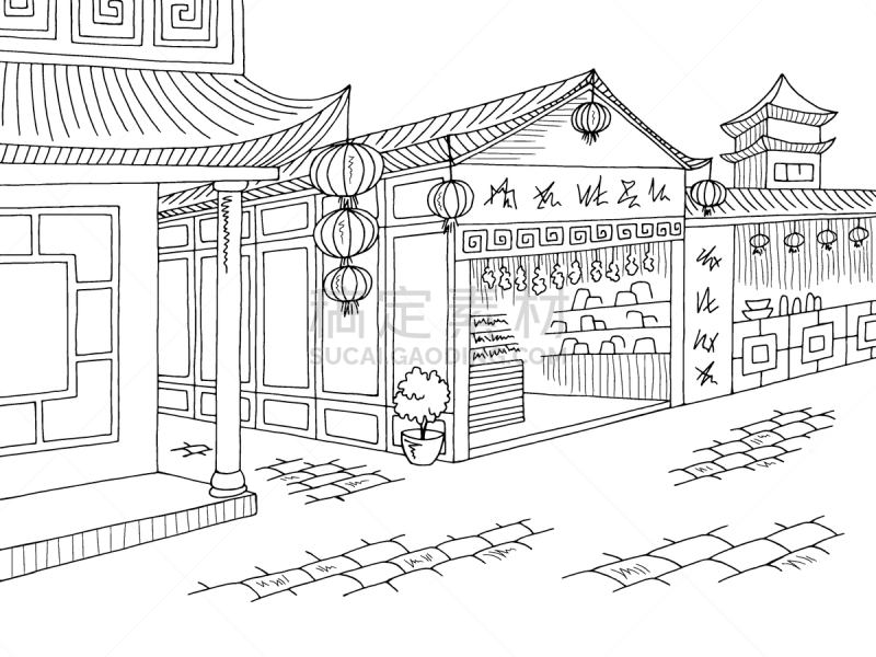 草图,绘画插图,亚洲,古老的,矢量,街道,地形,黑色,插画,伦敦白城