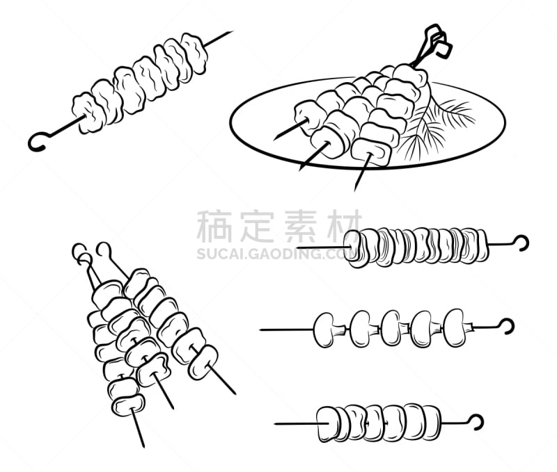 烤的,烤肉架,肉,格子烤肉,背景分离,食品,草图,绘画插图,轮廓,白色